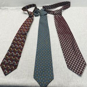 Mens Silk Ties Lot 3 Designer Neckties Blue Geometric Burgundy Check Red Pattern